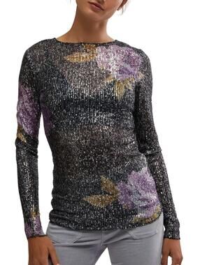 Free People Sequin Floral Mesh Top Sheer Long Sleeve Boho NWT